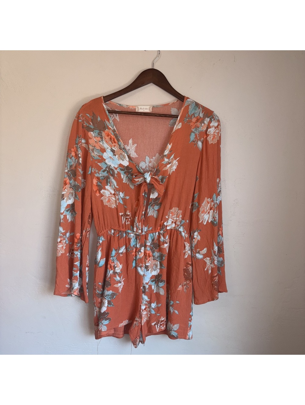 Altar'd State Floral Tie-Front Romper - Women's Size Medium - Long Bell Sleeve